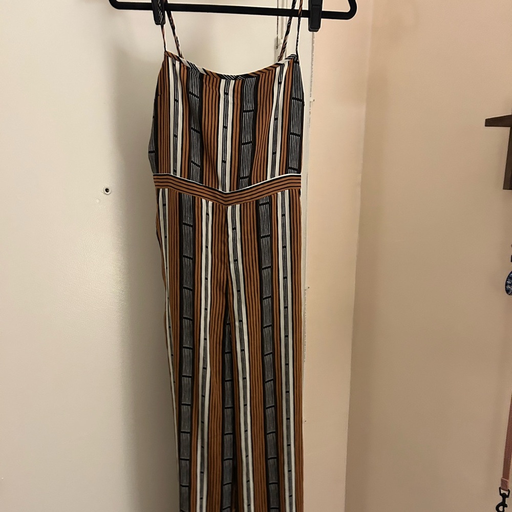 Brown, Black and White Vertical Stripe Wide Leg Jumpsuit